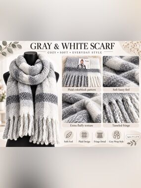 I AM OVERSIZED PLAID SCARF – GRAY/WHITE (NEW WITH TAGS) A38
